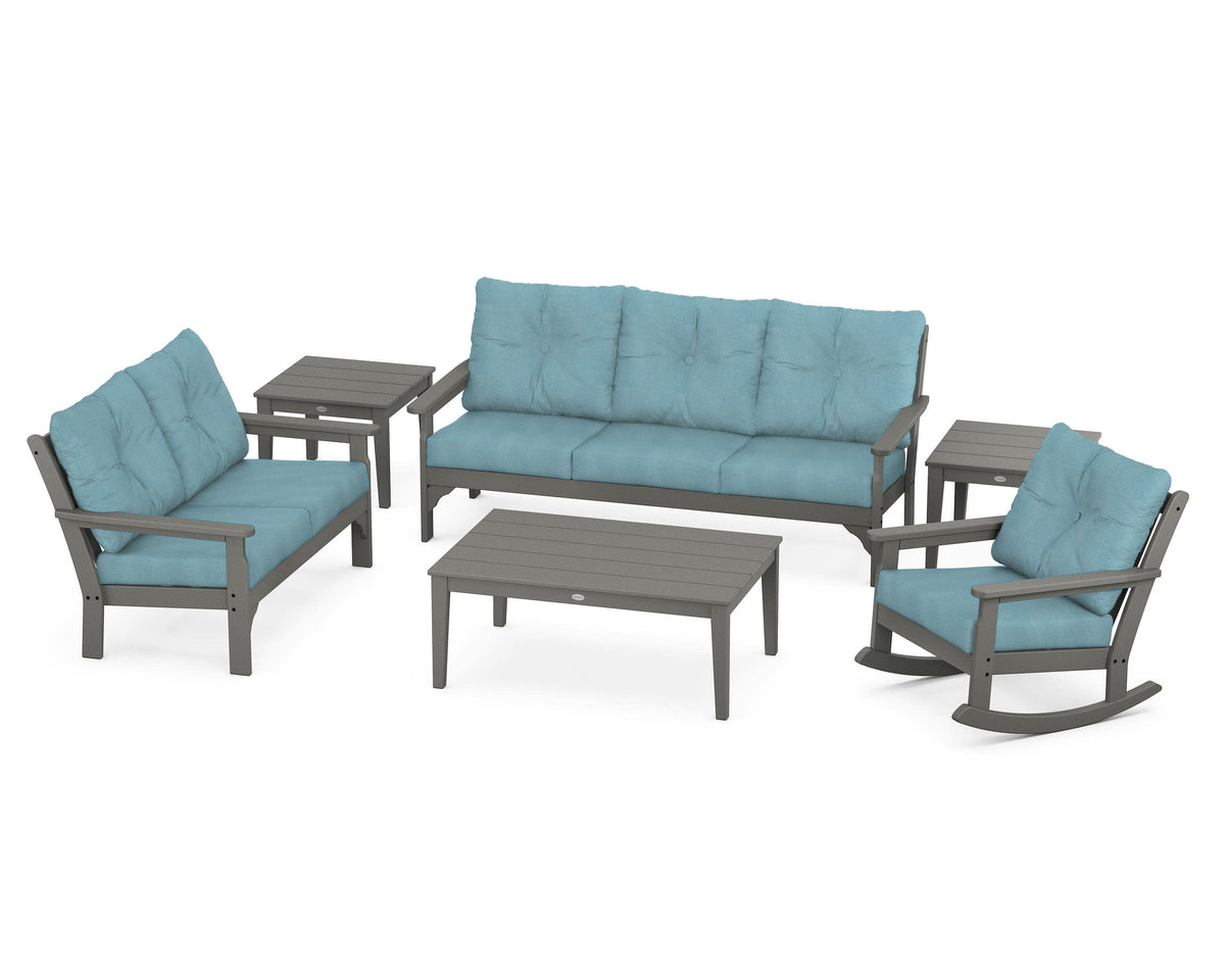 POLYWOOD Vineyard 6-Piece Deep Seating Set with Rocking Chair in Slate Grey / Lattice Sky Blue