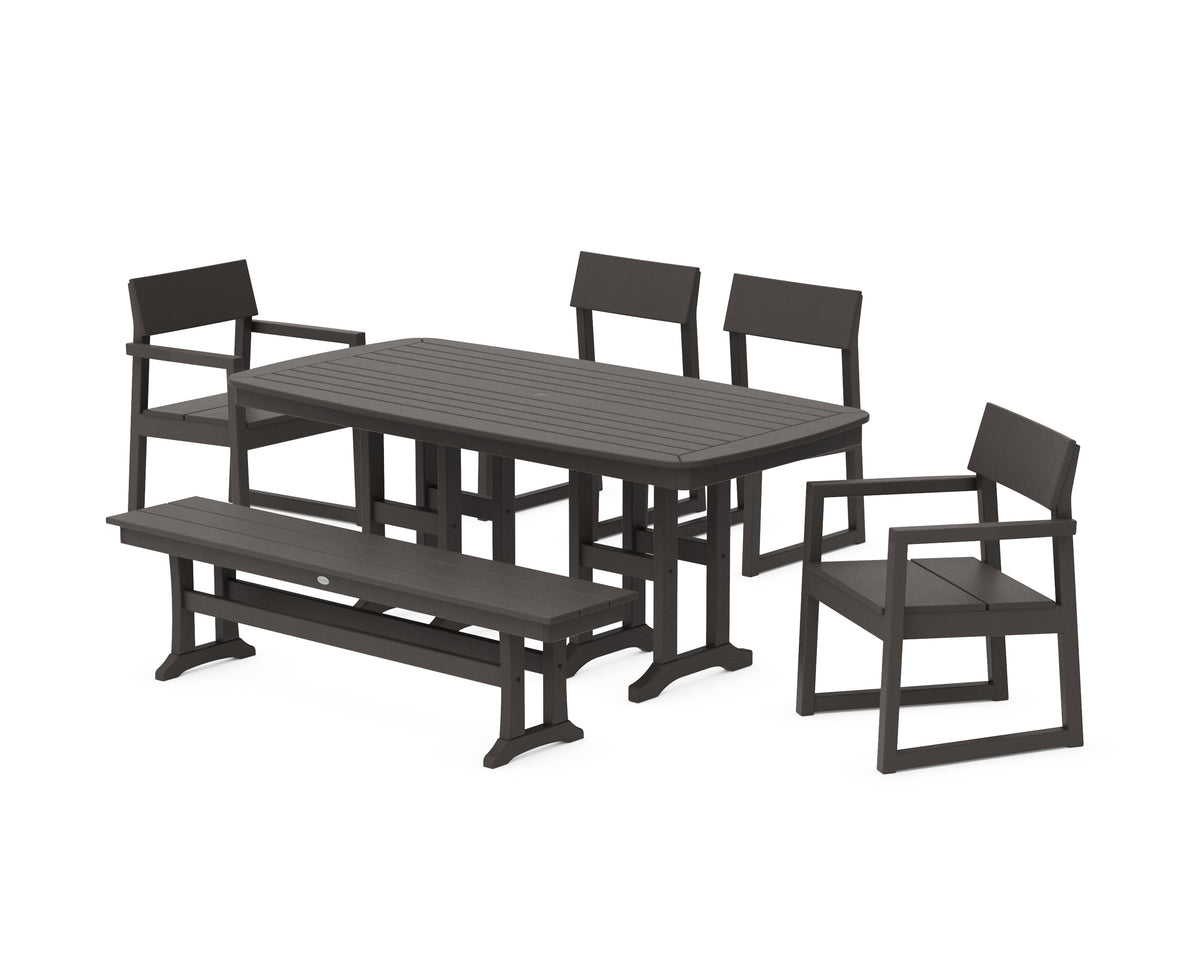 POLYWOOD EDGE 6-Piece Dining Set with Bench (Nautical 37" x 72" Table) in Vintage Coffee