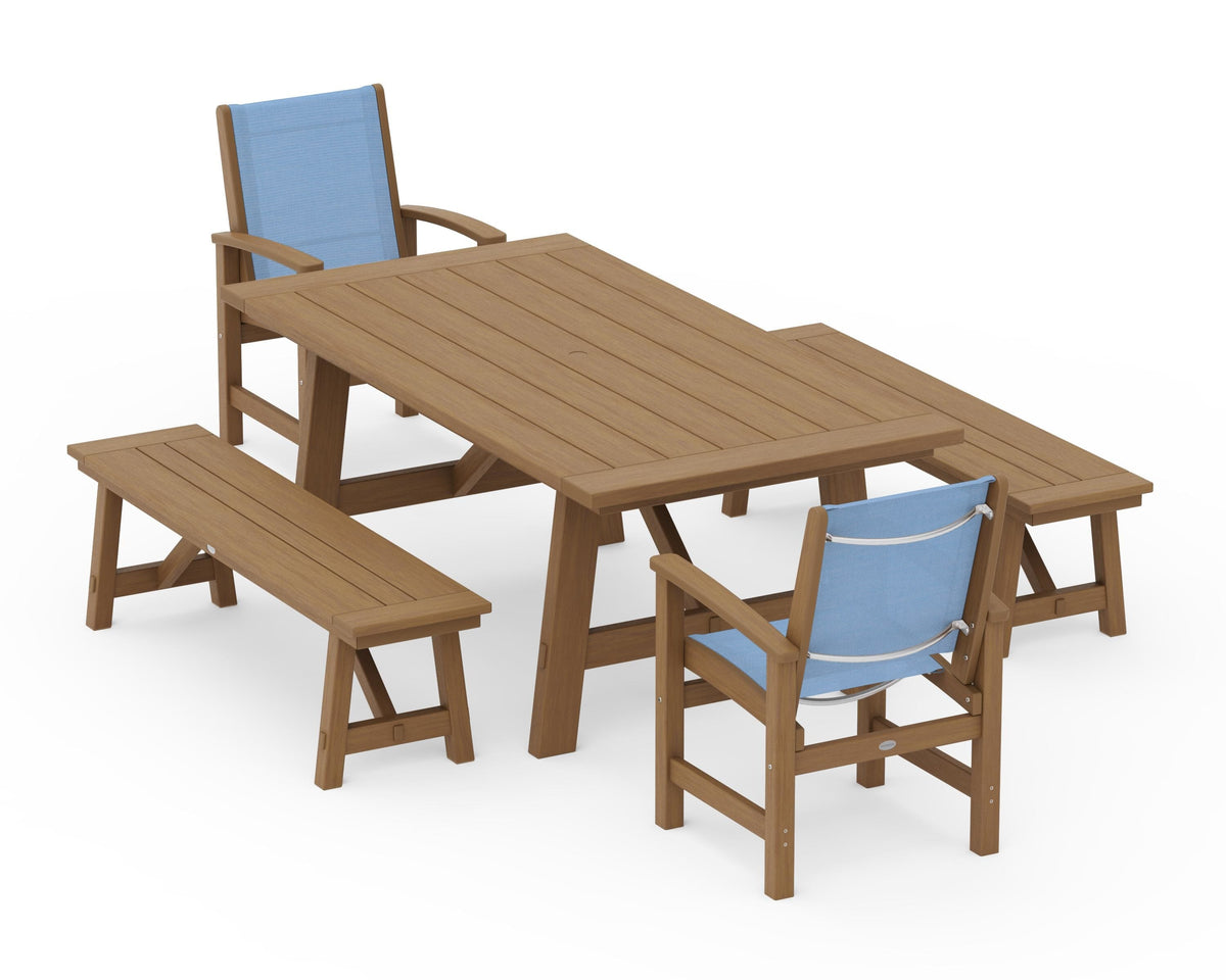 POLYWOOD Coastal 5-Piece Rustic Farmhouse Dining Set With Benches in Natural / Poolside