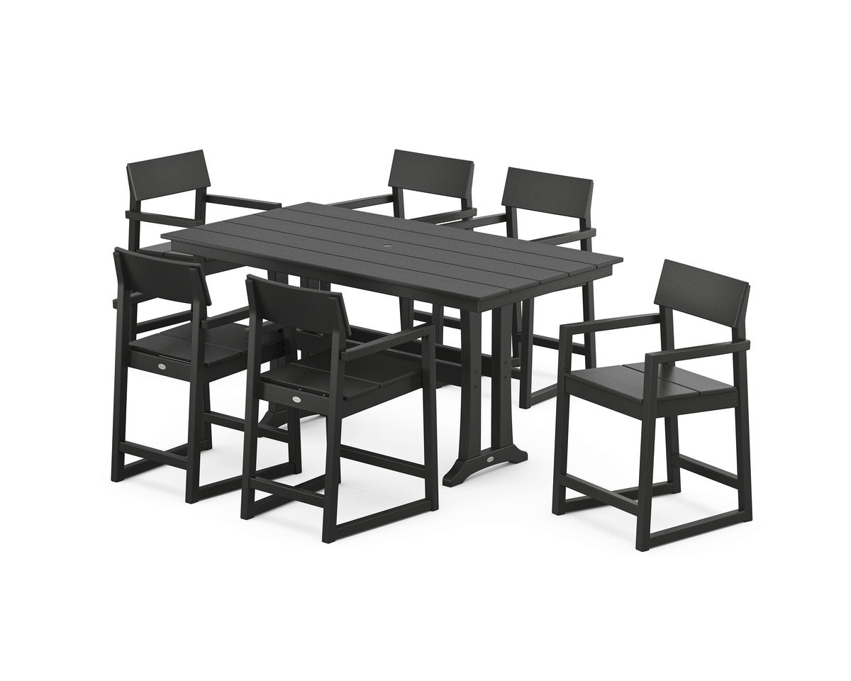 POLYWOOD EDGE Arm Chair 7-Piece Farmhouse Counter Set with Trestle Legs in Black