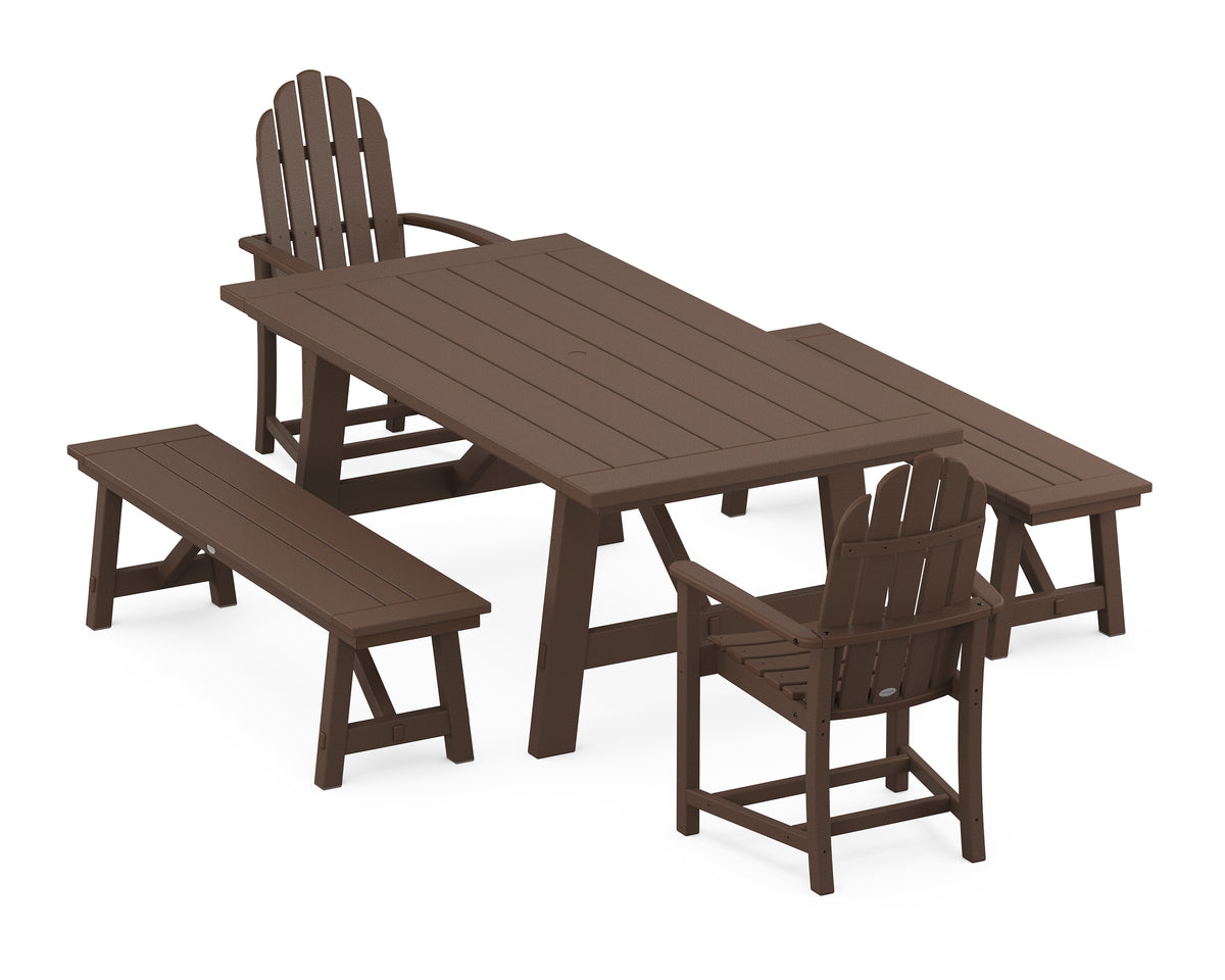 POLYWOOD Classic Adirondack 5-Piece Rustic Farmhouse Dining Set with Benches in Mahogany