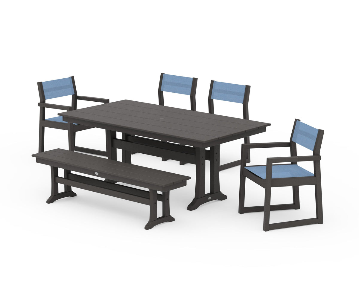 POLYWOOD EDGE Sling 6-Piece Farmhouse Dining Set With Trestle Legs in Vintage Coffee / Poolside