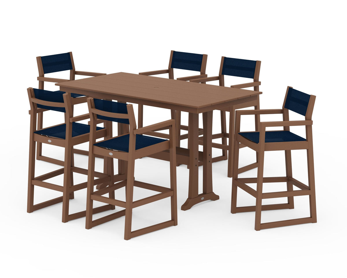 POLYWOOD EDGE Sling Arm Chair 7-Piece Farmhouse Bar Set with Trestle Legs in Teak / Navy Blue
