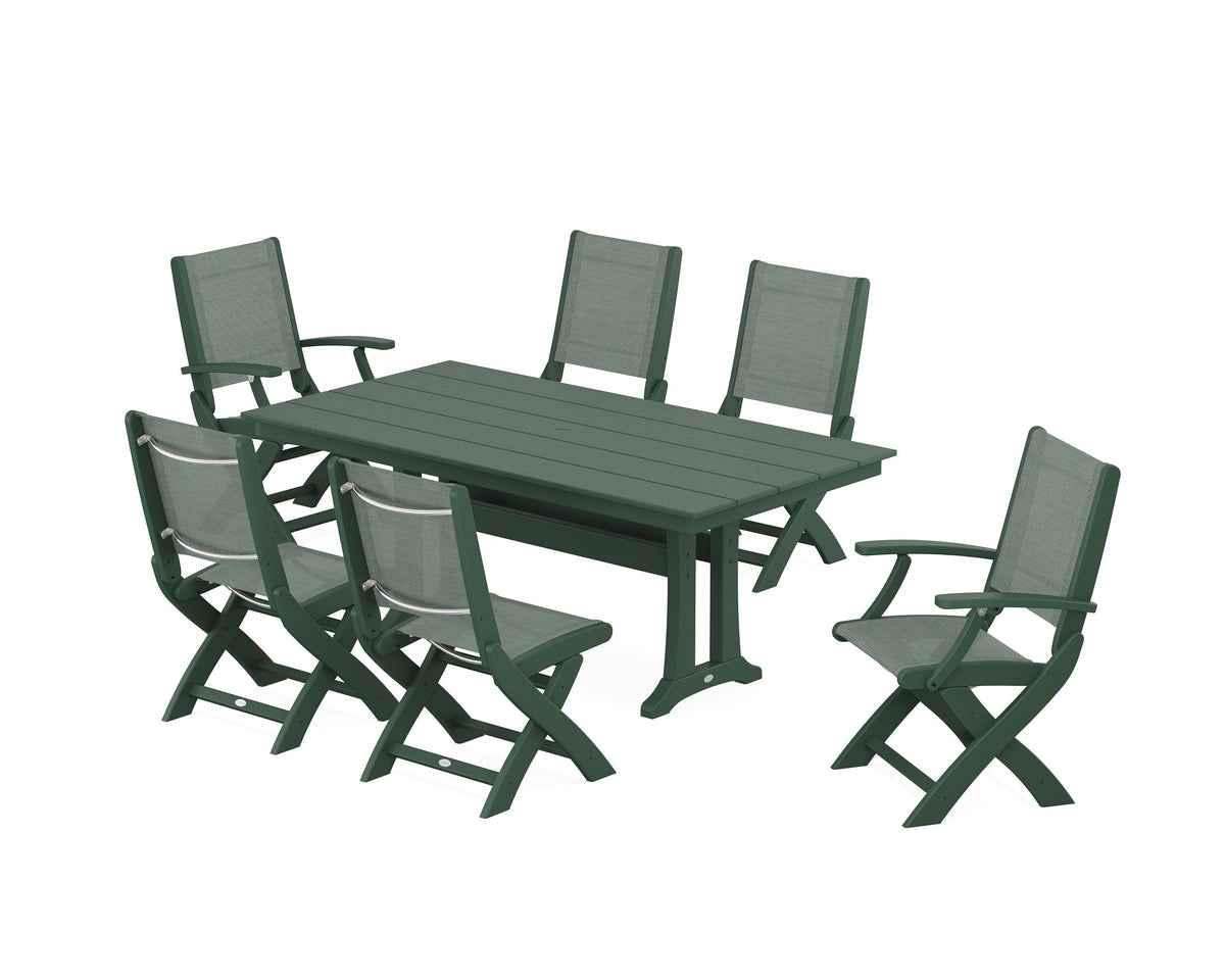 POLYWOOD Coastal Folding Chair 7-Piece Farmhouse Dining Set with Trestle Legs in Green / Dupioni Sea Mist