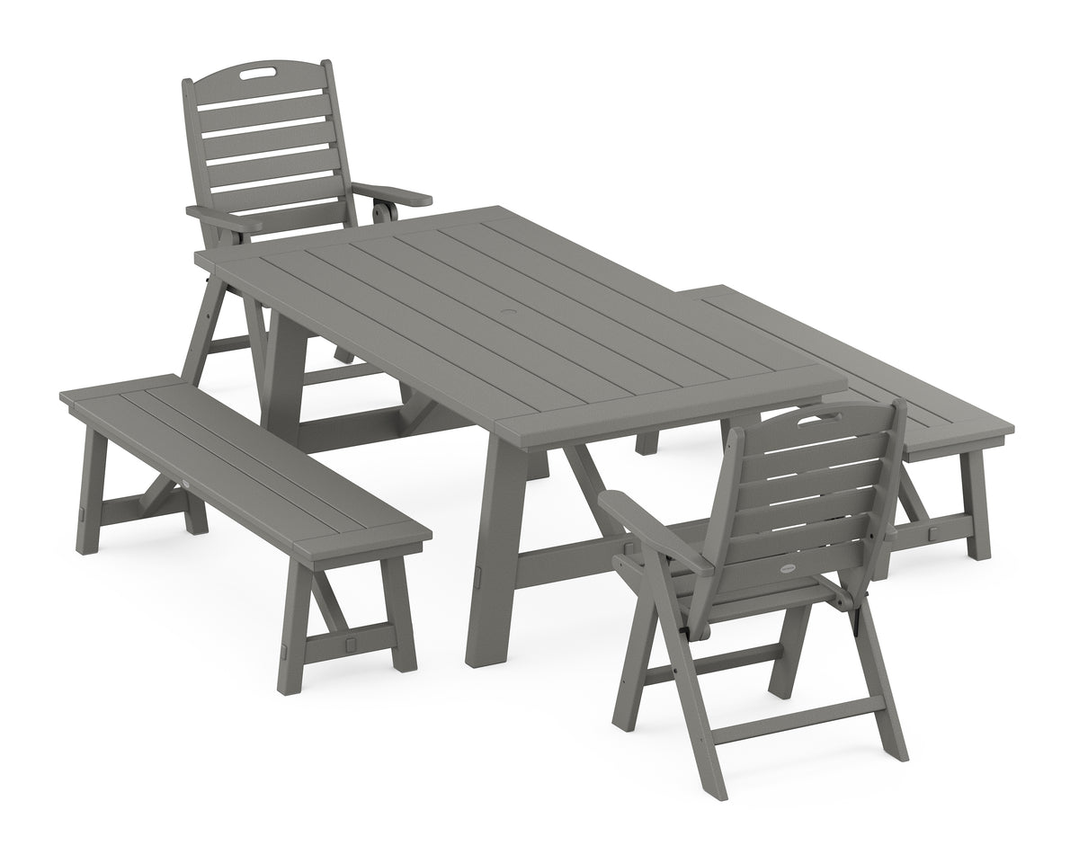 POLYWOOD Nautical Folding Highback Chair 5-Piece Rustic Farmhouse Dining Set with Benches in Slate Grey