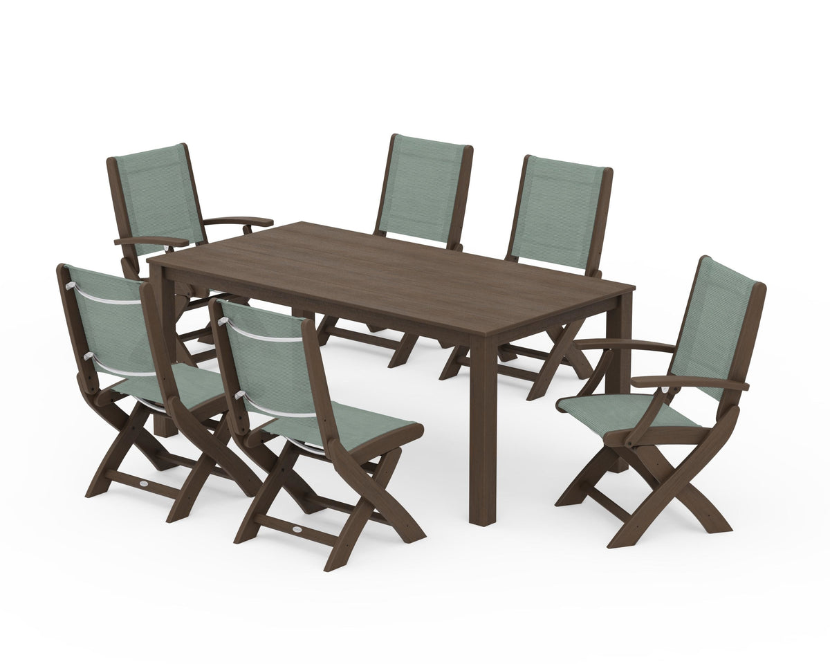 POLYWOOD Coastal Folding Chair 7-Piece Parsons Dining Set with Coastal Folding Side Chair in Kona / Dupioni Sea Mist