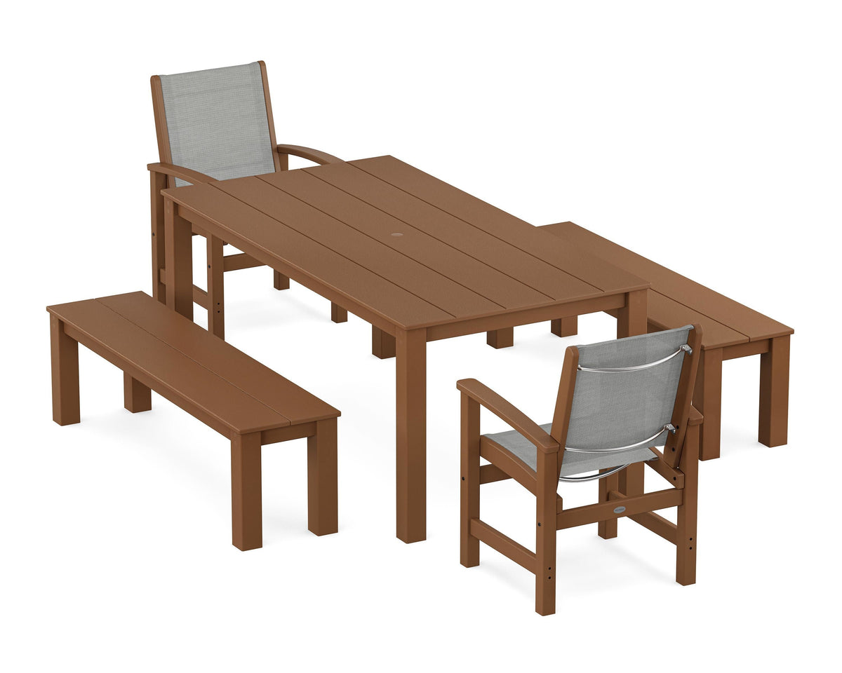 POLYWOOD Coastal 5-Piece Parsons Dining Set with Benches in Teak / Metallic