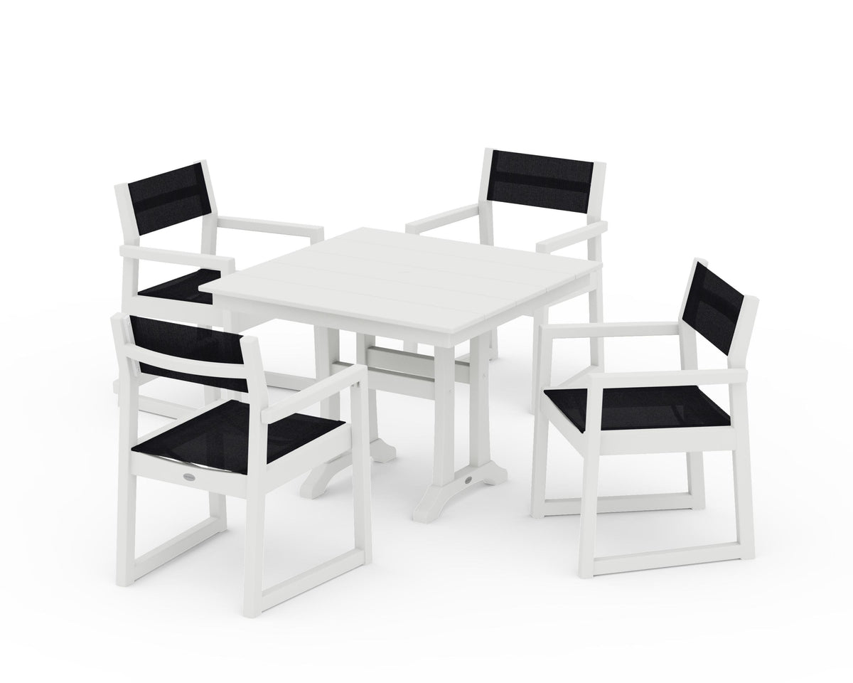 POLYWOOD EDGE Sling 5-Piece Farmhouse Dining Set with Trestle Legs in Vintage White / Black
