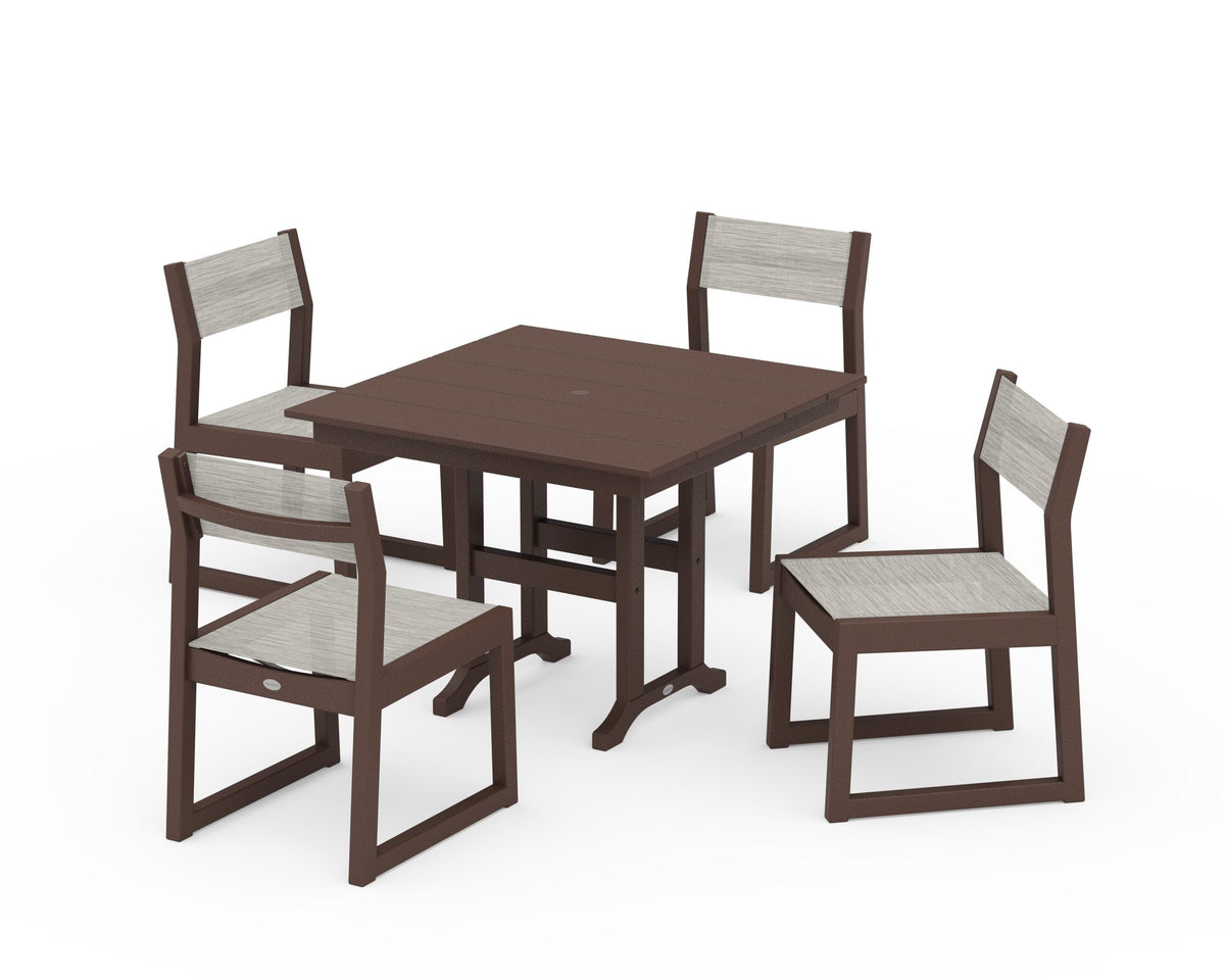 POLYWOOD EDGE Sling Side Chair 5-Piece Farmhouse Dining Set in Mahogany / Birch