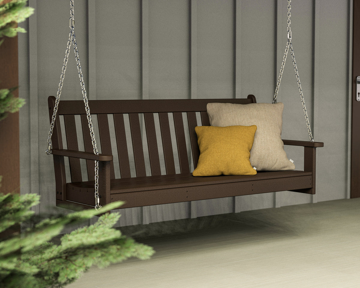 POLYWOOD Vineyard 60" Porch Swing in Mahogany styled outdoors