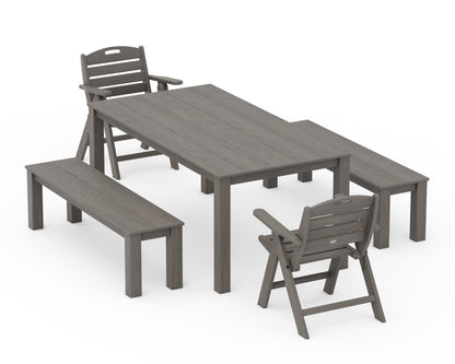 POLYWOOD Nautical Folding Lowback Chair 5-Piece Parsons Dining Set with Benches in Driftwood