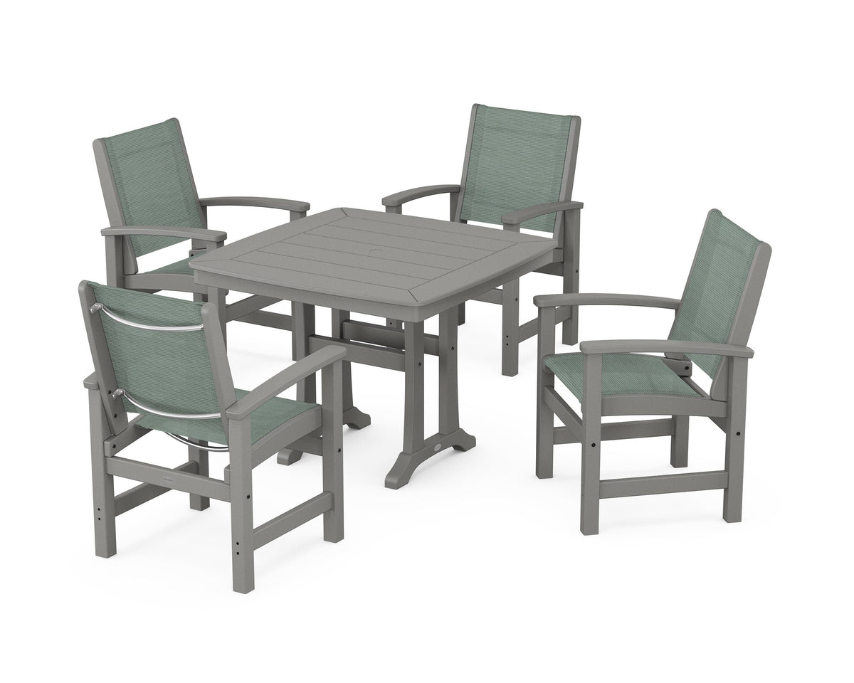 POLYWOOD Coastal 5-Piece Dining Set with Trestle Legs with Nautical Trestle 37" Dining Table in Slate Grey / Dupioni Sea Mist