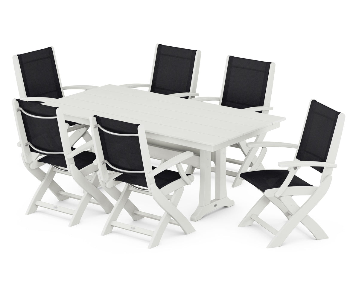 POLYWOOD Coastal Folding Arm Chair 7-Piece Farmhouse Dining Set with Trestle Legs in Vintage White / Black