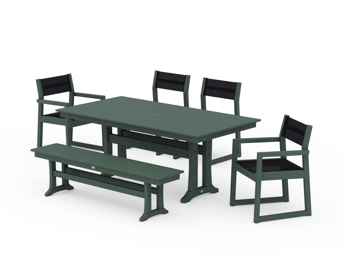 POLYWOOD EDGE Sling 6-Piece Farmhouse Dining Set With Trestle Legs in Green / Black
