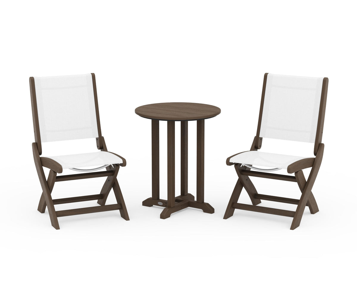 POLYWOOD Coastal Folding Side Chair 3-Piece Round Bistro Dining Set in Kona / White