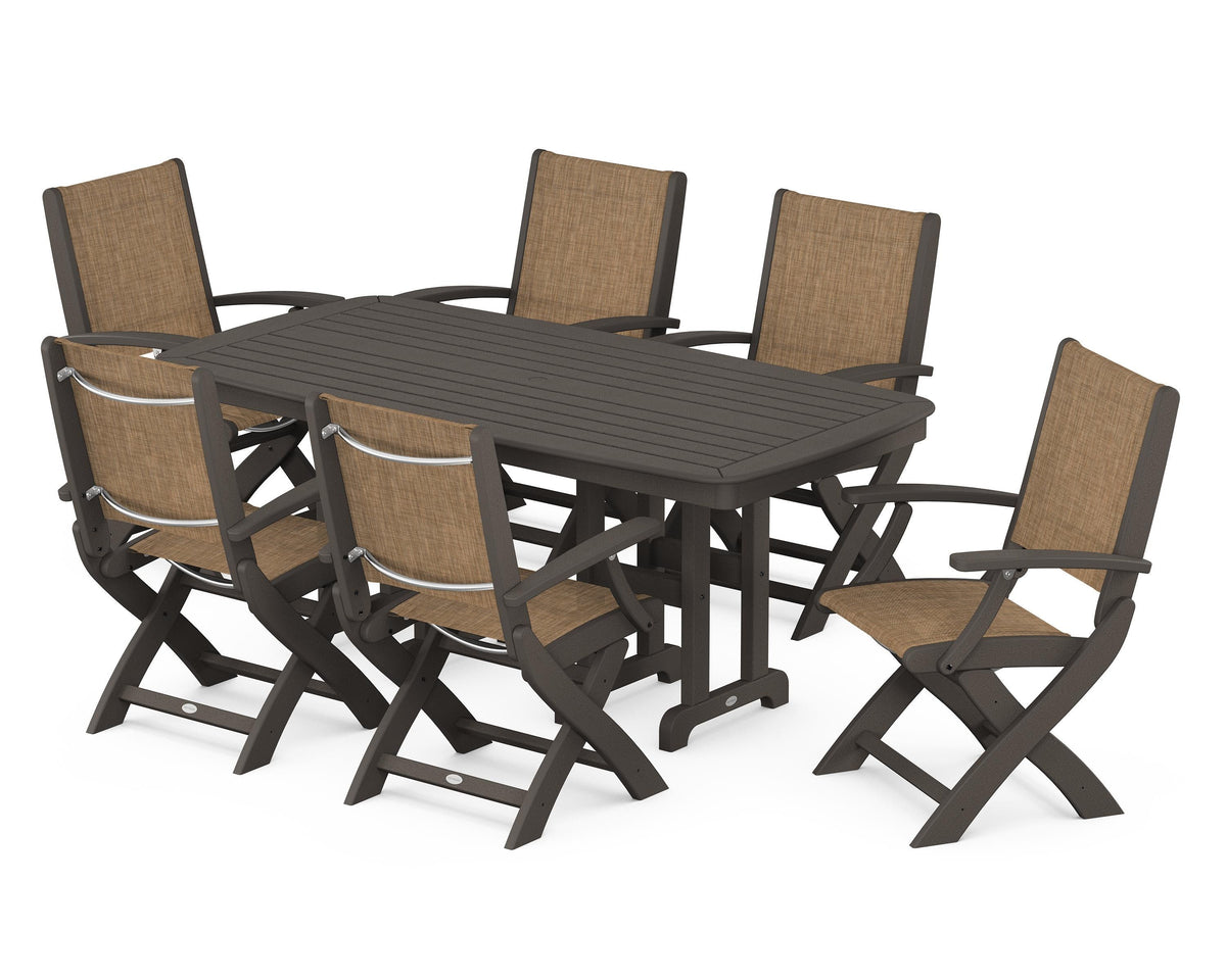 POLYWOOD Coastal Folding Arm Chair 7-Piece Dining Set in Vintage Coffee / Burlap