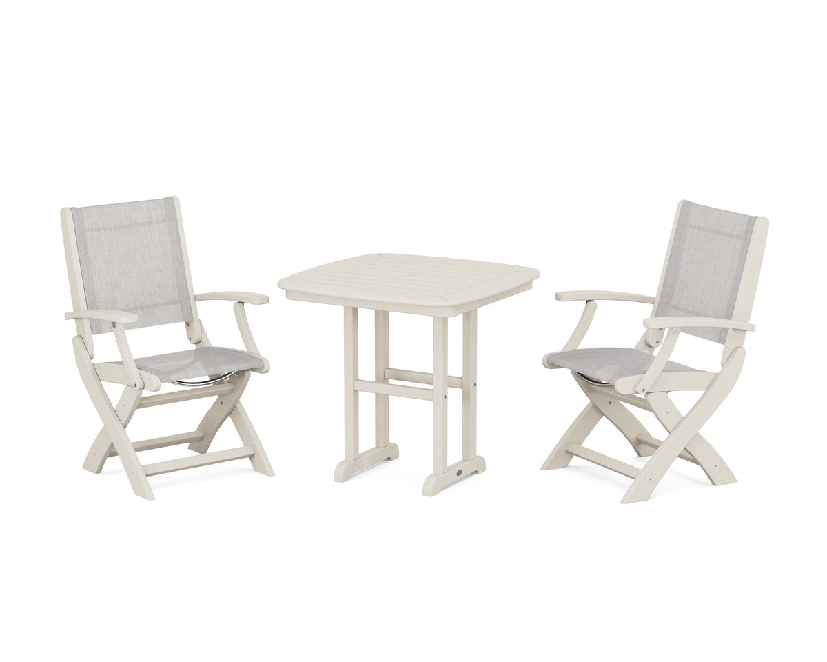 POLYWOOD Coastal Folding Chair 3-Piece Dining Set in Sand / Parchment