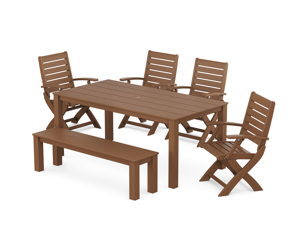 POLYWOOD Signature Folding Chair 6-Piece Parsons Dining Set with Bench in Teak