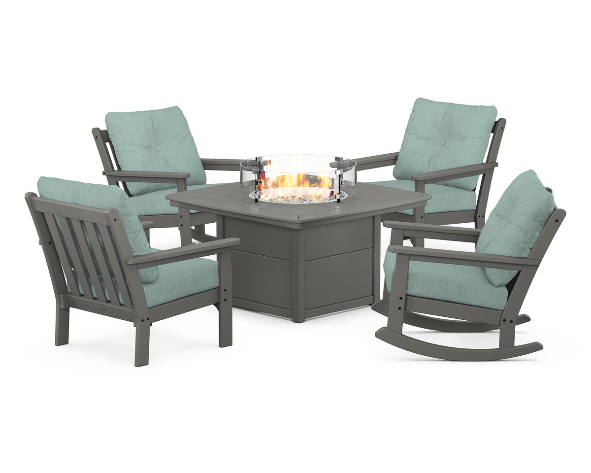 POLYWOOD Vineyard 5-Piece Deep Seating Rocking Chair Conversation Set with Fire Pit Table in Slate Grey / Glacier Spa