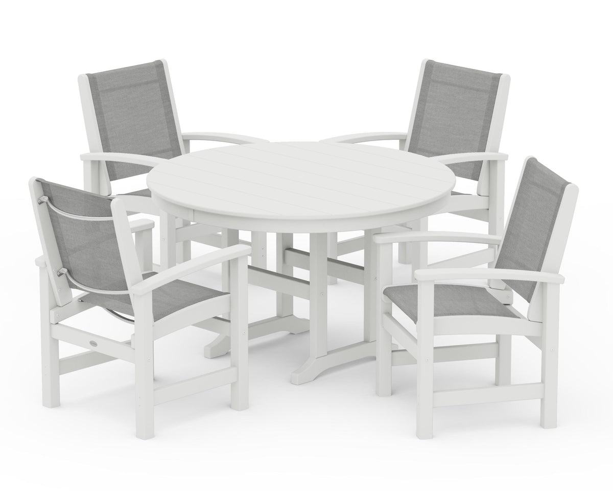 POLYWOOD Coastal 5-Piece Round Farmhouse Dining Set in Vintage White / Metallic