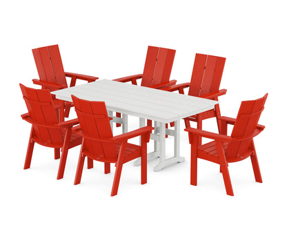 POLYWOOD Modern Curveback Adirondack 7-Piece Farmhouse Dining Set in Sunset Red / White