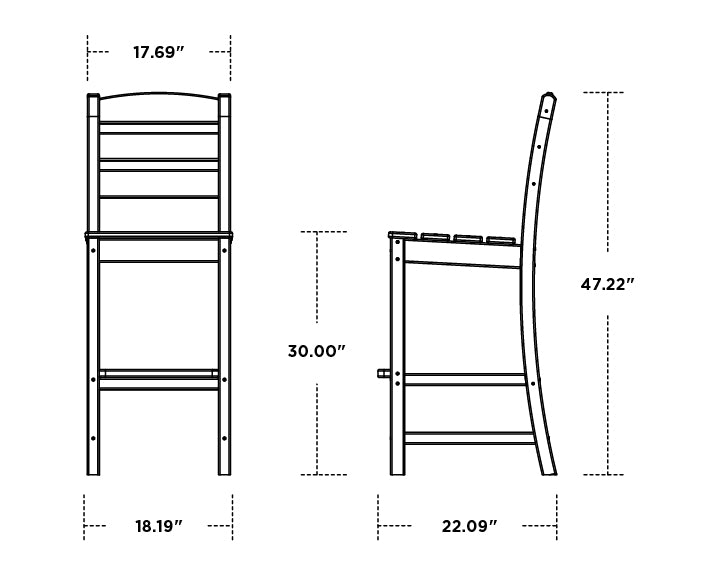 POLYWOOD Lakeside Bar Side Chair dimension drawing with width, depth and height measurements