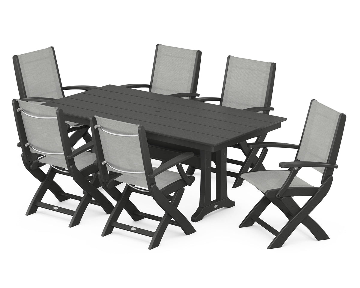 POLYWOOD Coastal Folding Arm Chair 7-Piece Farmhouse Dining Set with Trestle Legs in Black / Metallic