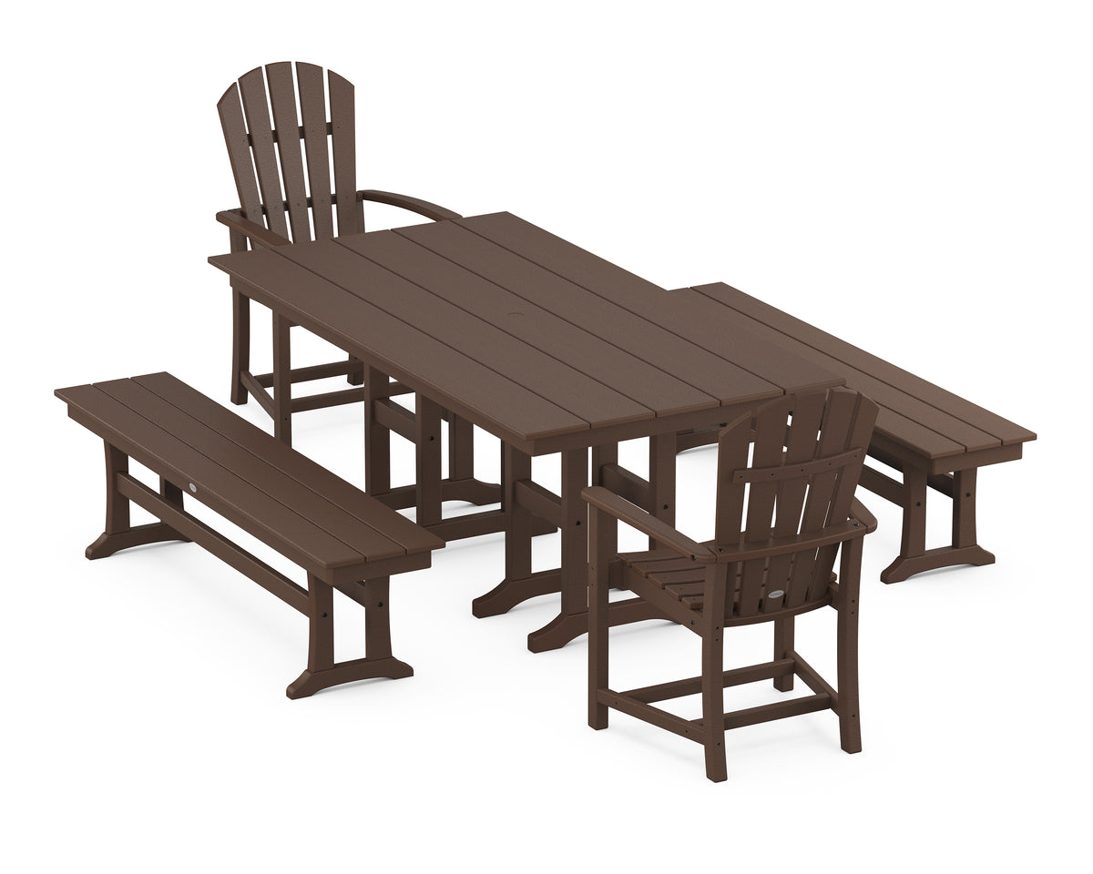 POLYWOOD Palm Coast 5-Piece Farmhouse Dining Set with Benches in Mahogany