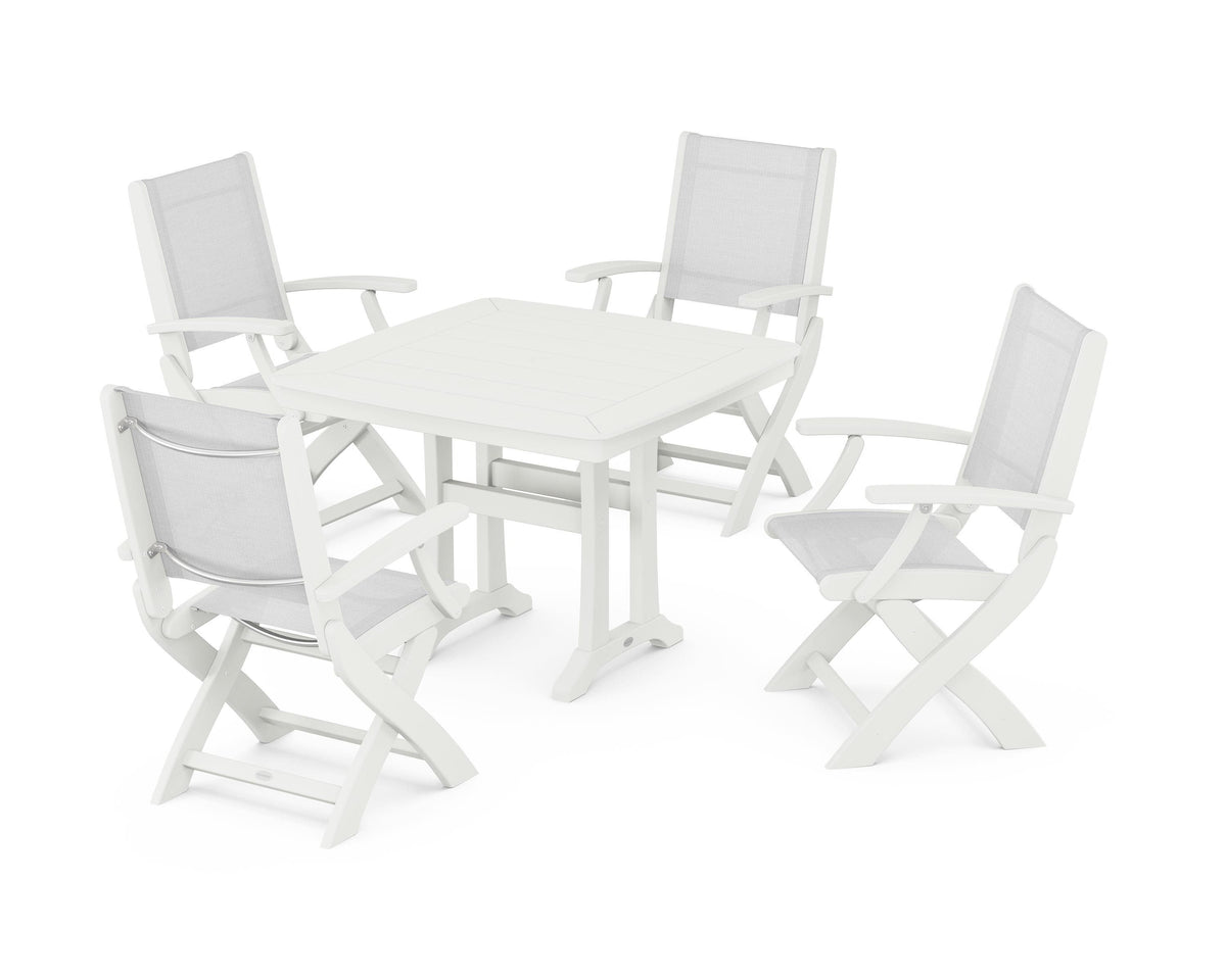 POLYWOOD Coastal Folding Chair 5-Piece Dining Set with Trestle Legs in Vintage White / White