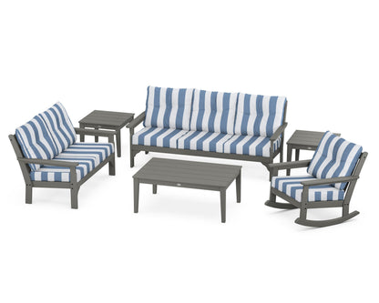 POLYWOOD Vineyard 6-Piece Deep Seating Set with Rocking Chair in Slate Grey / Cabana Stripe Sky Blue
