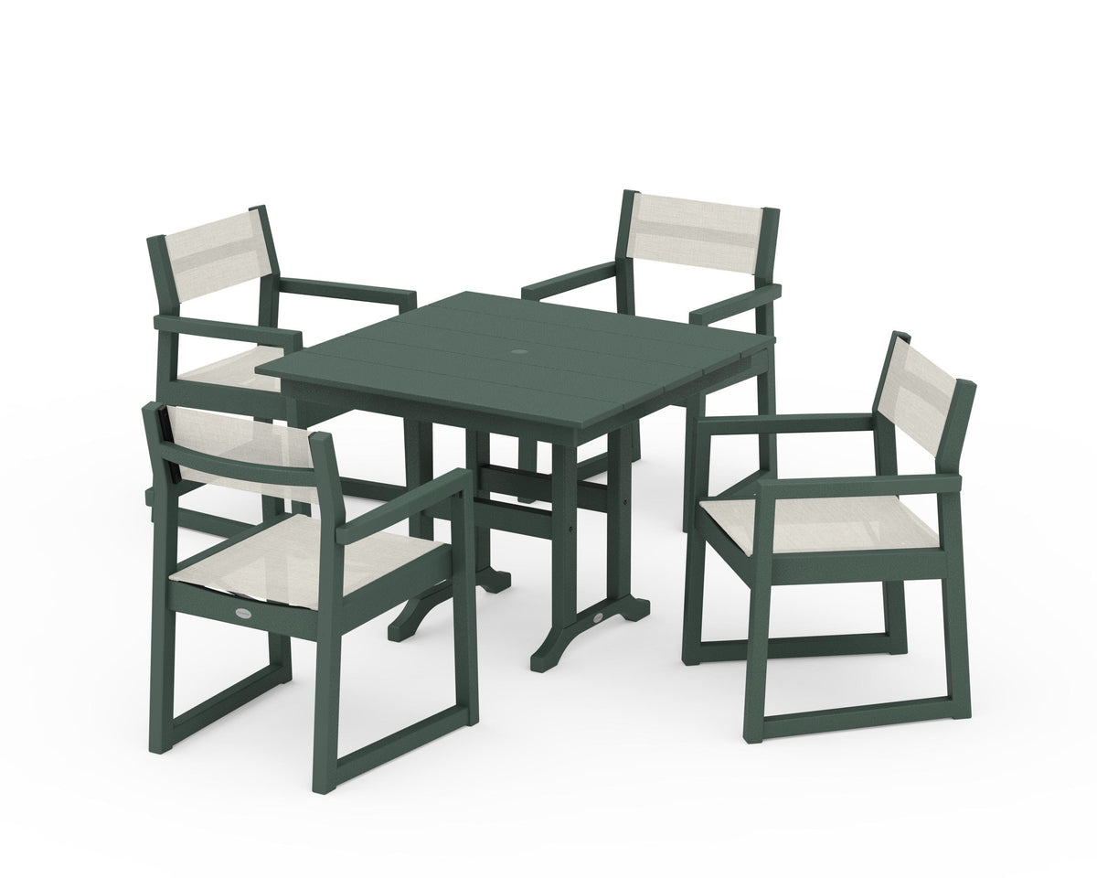 POLYWOOD EDGE Sling Arm Chair 5-Piece Farmhouse Dining Set in Green / Parchment