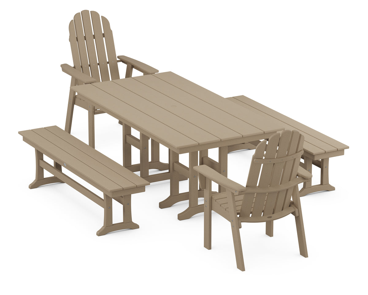POLYWOOD Vineyard Curveback Adirondack 5-Piece Farmhouse Dining Set with Benches in Vintage Sahara