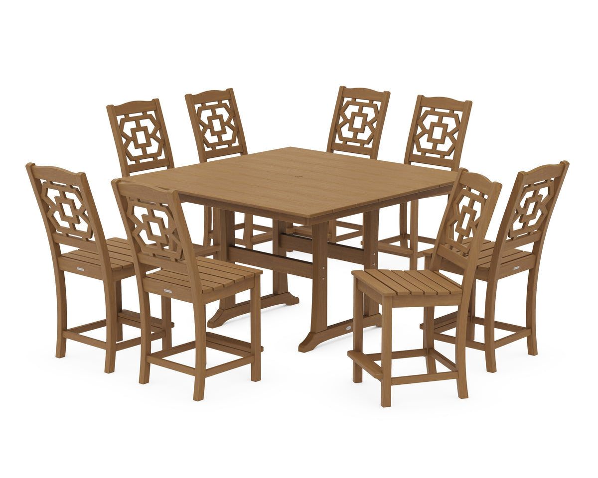 POLYWOOD Chinoiserie 9-Piece Square Farmhouse Side Chair Counter Set with Trestle Legs in Natural