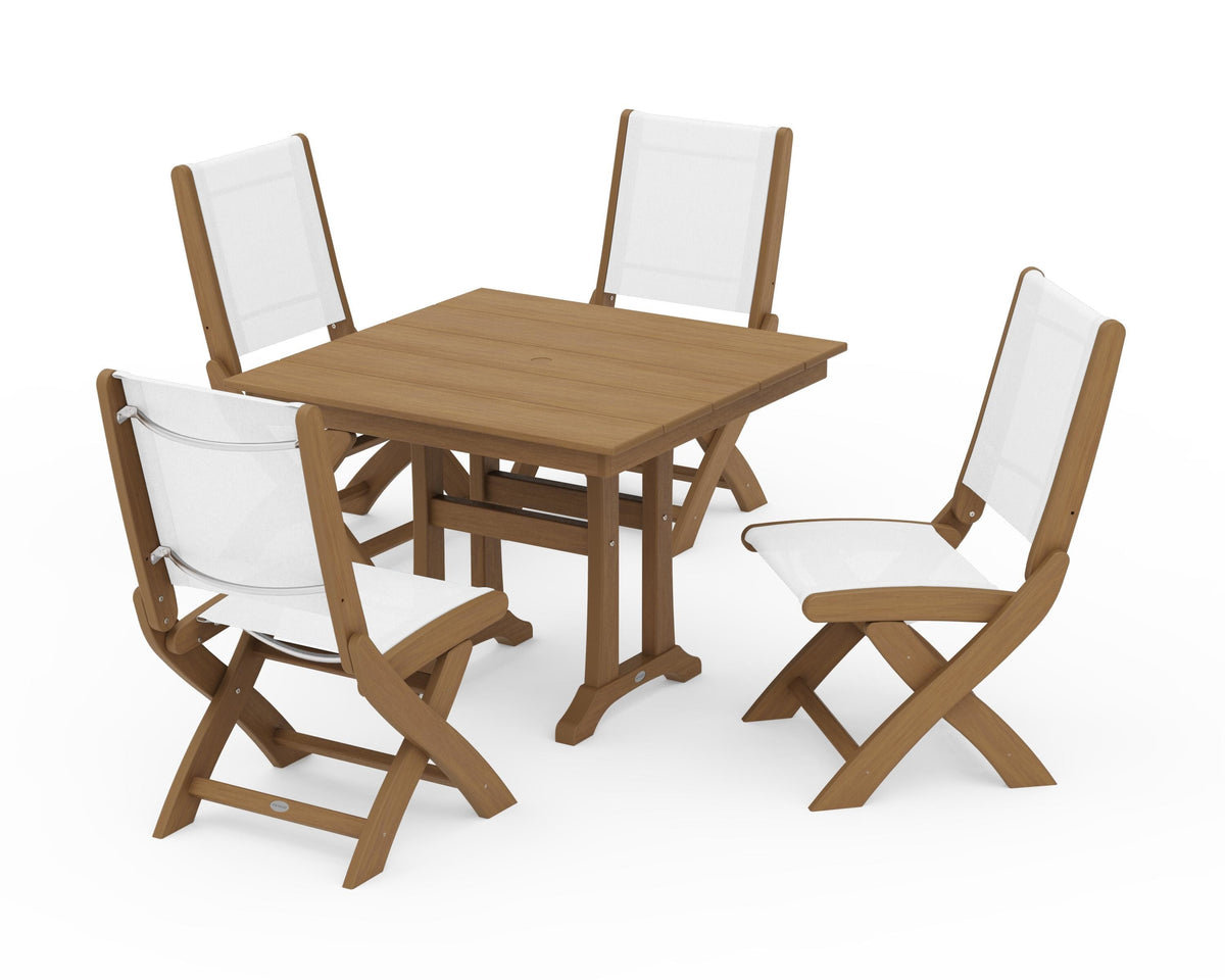 POLYWOOD Coastal Folding Side Chair 5-Piece Farmhouse Dining Set With Trestle Legs in Natural / White