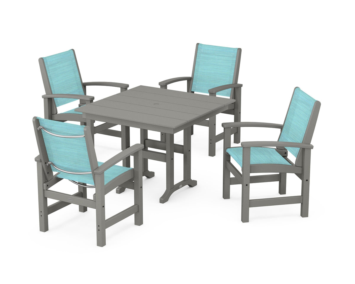 POLYWOOD Coastal 5-Piece Farmhouse Dining Set with Farmhouse 37" Dining Table in Slate Grey / Dupioni Aquamarine