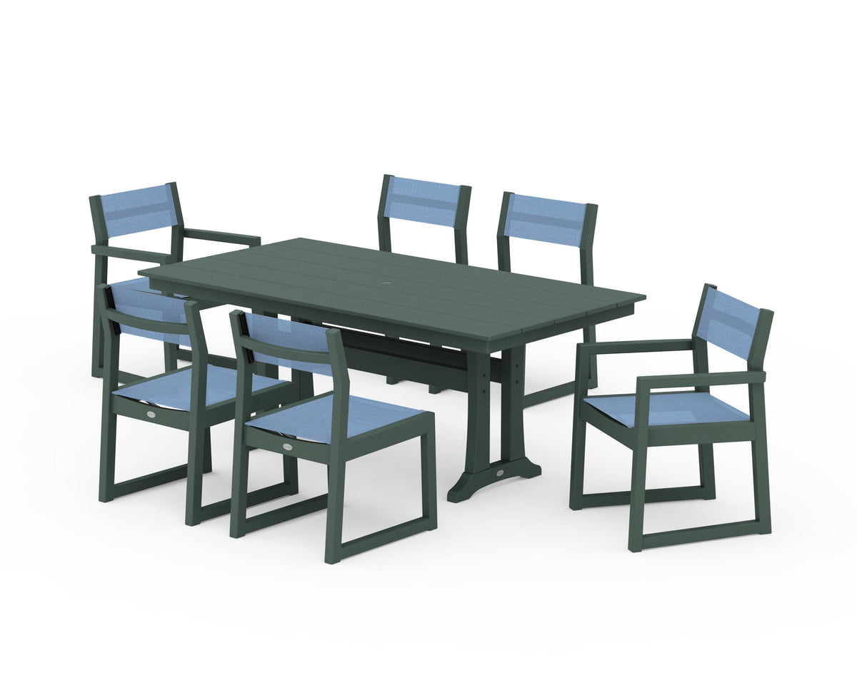POLYWOOD EDGE Sling 7-Piece Farmhouse Trestle Dining Set in Green / Poolside