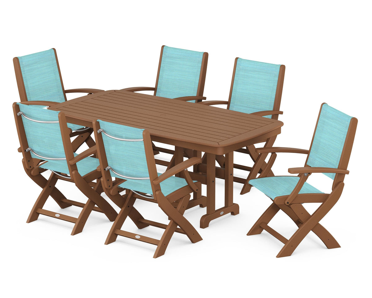 POLYWOOD Coastal Folding Arm Chair 7-Piece Dining Set in Teak / Dupioni Aquamarine