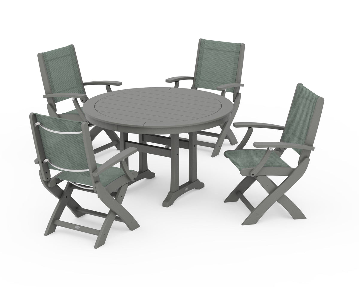 POLYWOOD Coastal Folding Chair 5-Piece Round Dining Set with Trestle Legs in Slate Grey / Dupioni Sea Mist