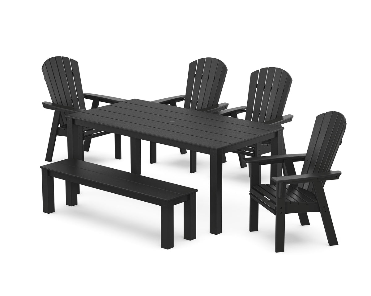 POLYWOOD Nautical Curveback Adirondack 6-Piece Parsons Dining Set with Bench in Black