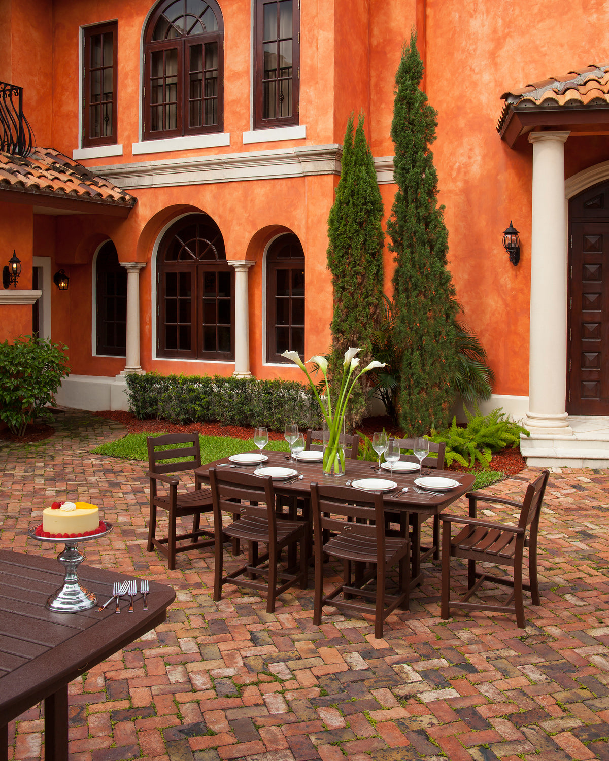 POLYWOOD La Casa Café 7-Piece Dining Set in Mahogany in an outdoor setting