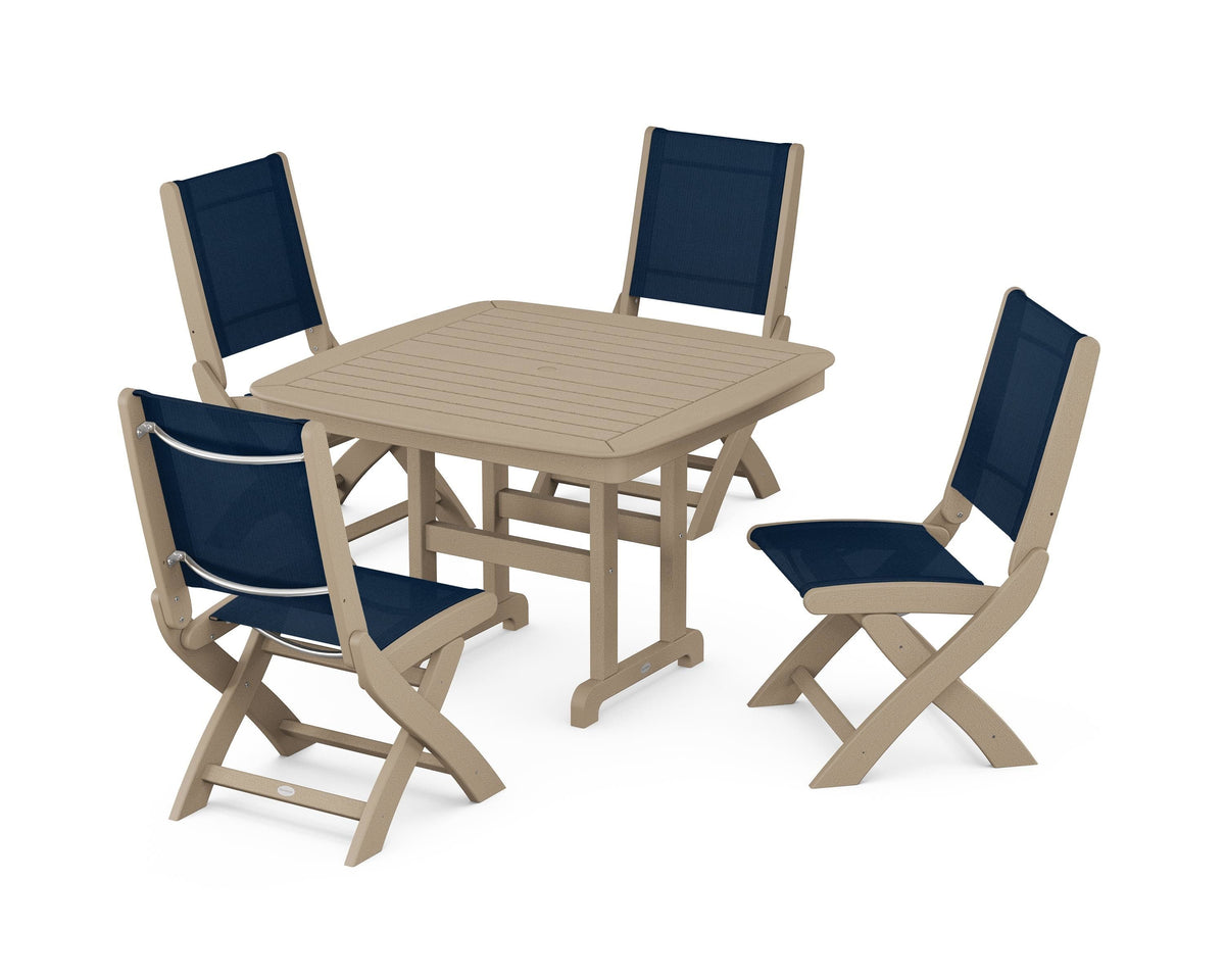 POLYWOOD Coastal Folding Side Chair 5-Piece Dining Set with Nautical 44" Dining Table in Vintage Sahara / Navy Blue
