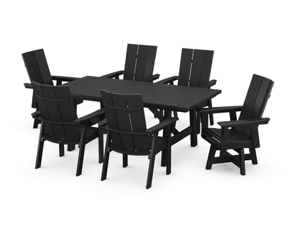 POLYWOOD Modern Curveback Adirondack 7-Piece Rustic Farmhouse Swivel Dining Set in Black