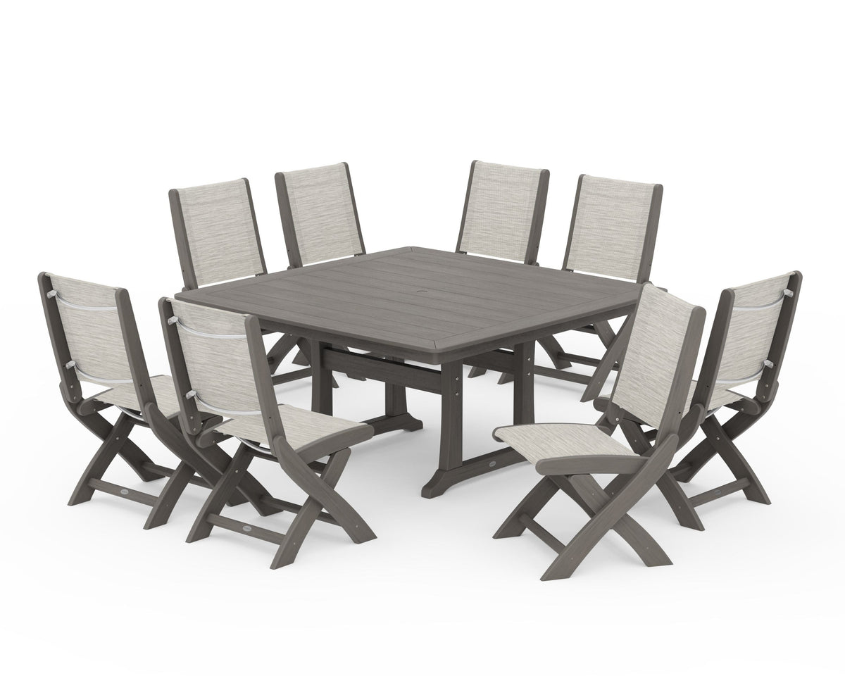 POLYWOOD Coastal Folding Side Chair 9-Piece Dining Set with Trestle Legs in Driftwood / Birch