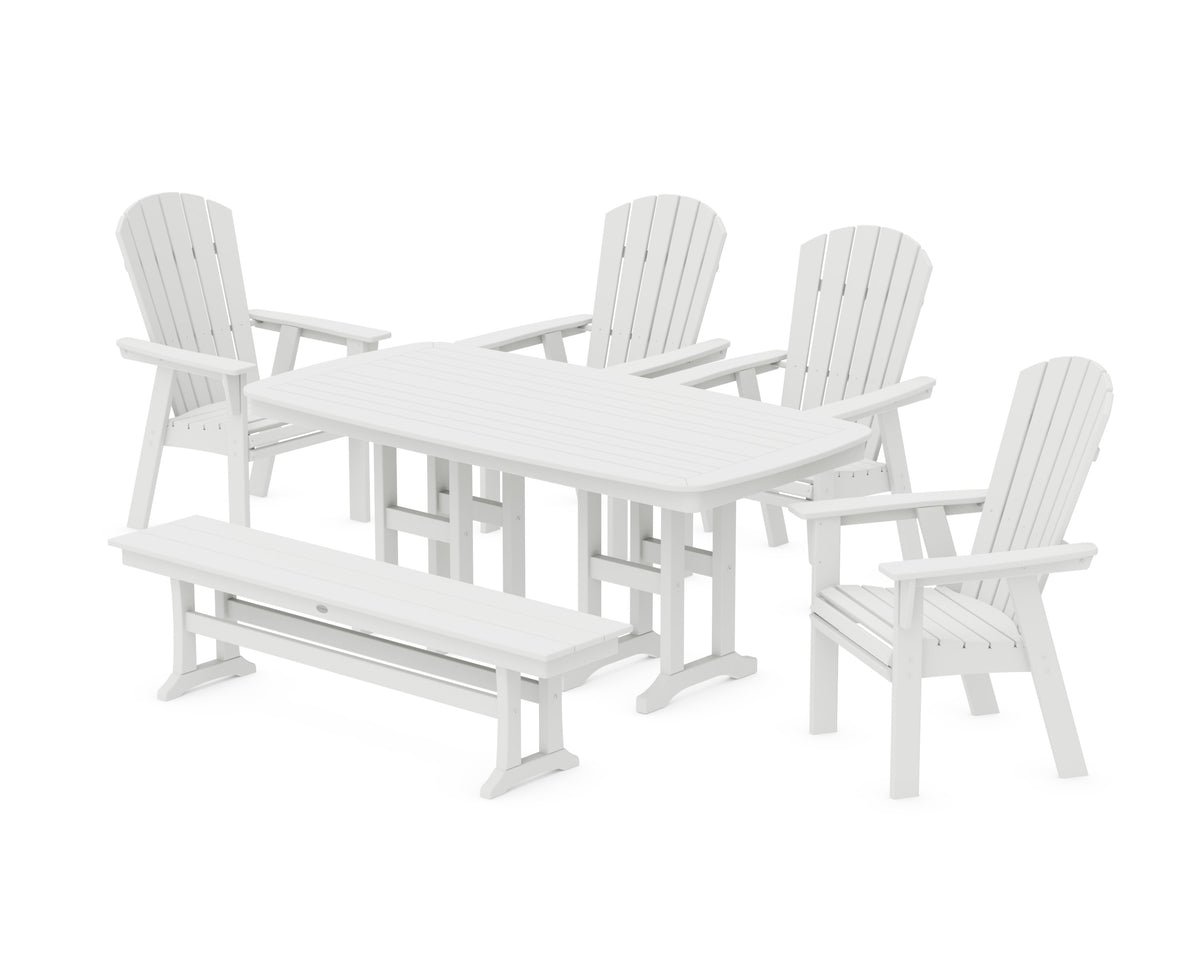 POLYWOOD Nautical Curveback Adirondack 6-Piece Dining Set with Bench in White