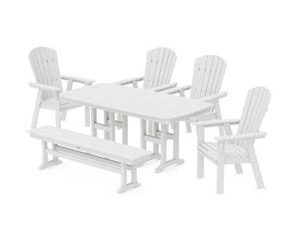 POLYWOOD Nautical Curveback Adirondack 6-Piece Dining Set with Bench in White