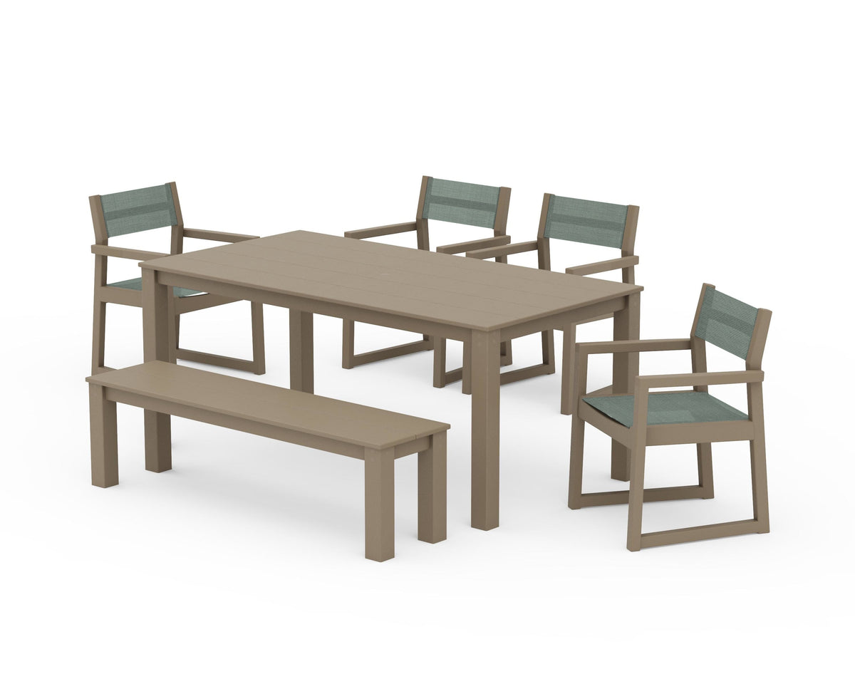 POLYWOOD EDGE Sling Arm Chair 6-Piece Parsons Dining Set with Bench in Vintage Sahara / Dupioni Sea Mist