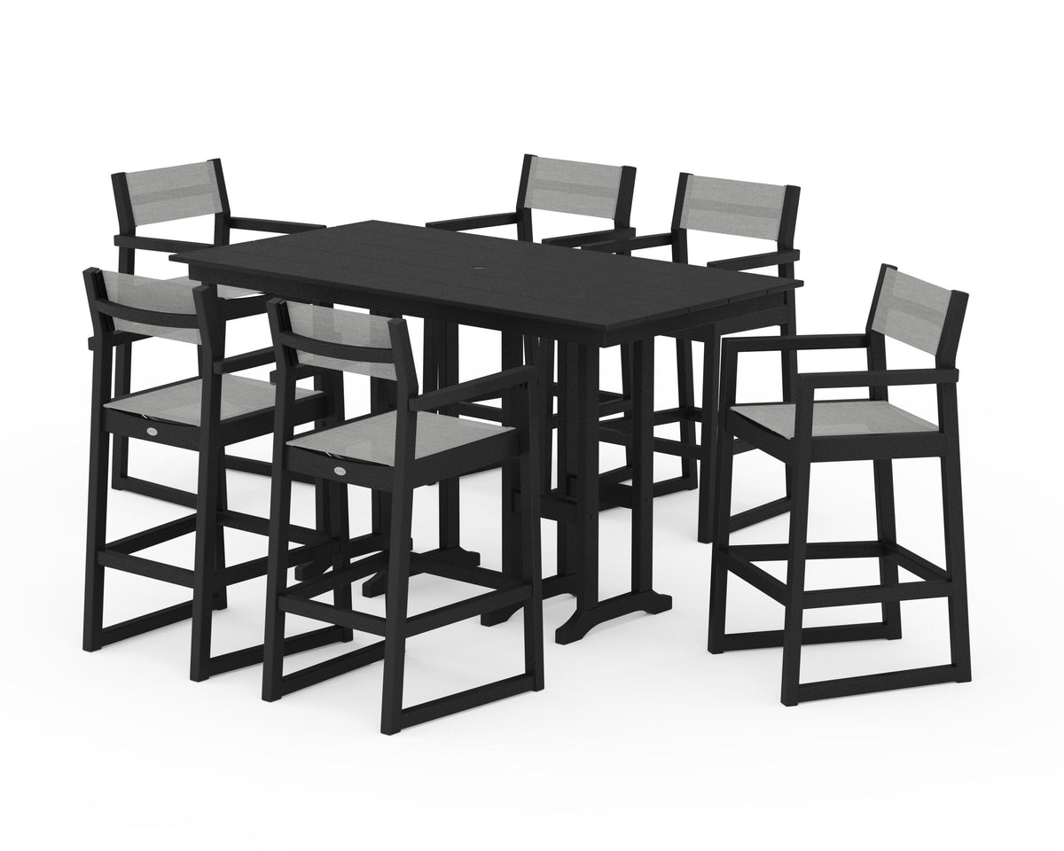 POLYWOOD EDGE Sling Arm Chair 7-Piece Farmhouse Bar Set in Black / Metallic