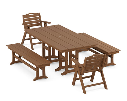 POLYWOOD Nautical Lowback 5-Piece Farmhouse Dining Set with Benches in Teak