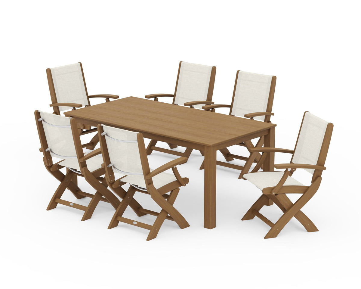 POLYWOOD Coastal Folding Chair 7-Piece Parsons Dining Set in Natural / Parchment