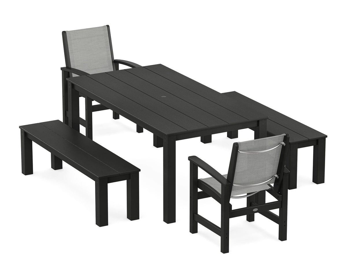 POLYWOOD Coastal 5-Piece Parsons Dining Set with Benches in Black / Metallic